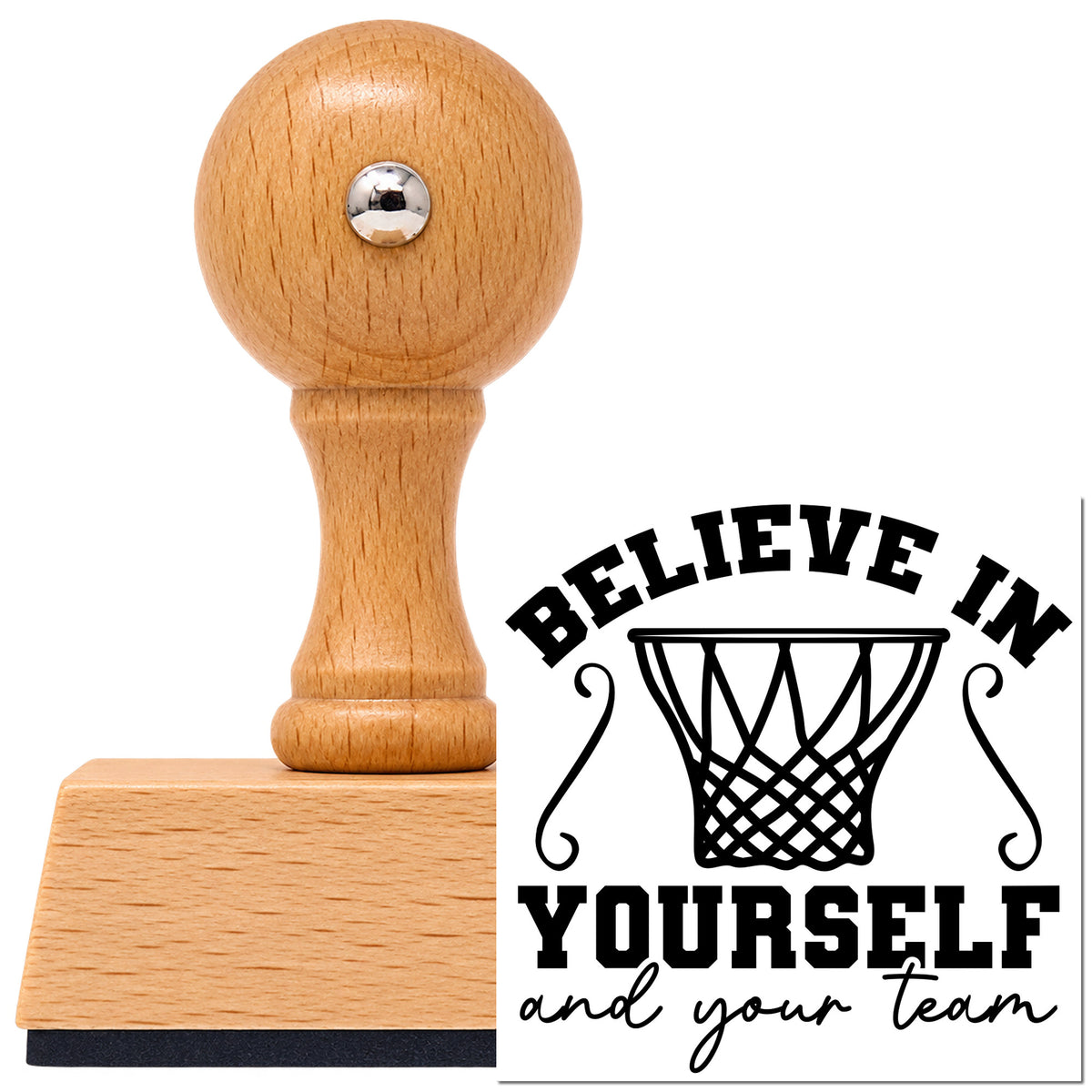 Vintage Pro beech wood stamp with a round knob handle, shown with its black Believe Yourself Your Team imprint on white.