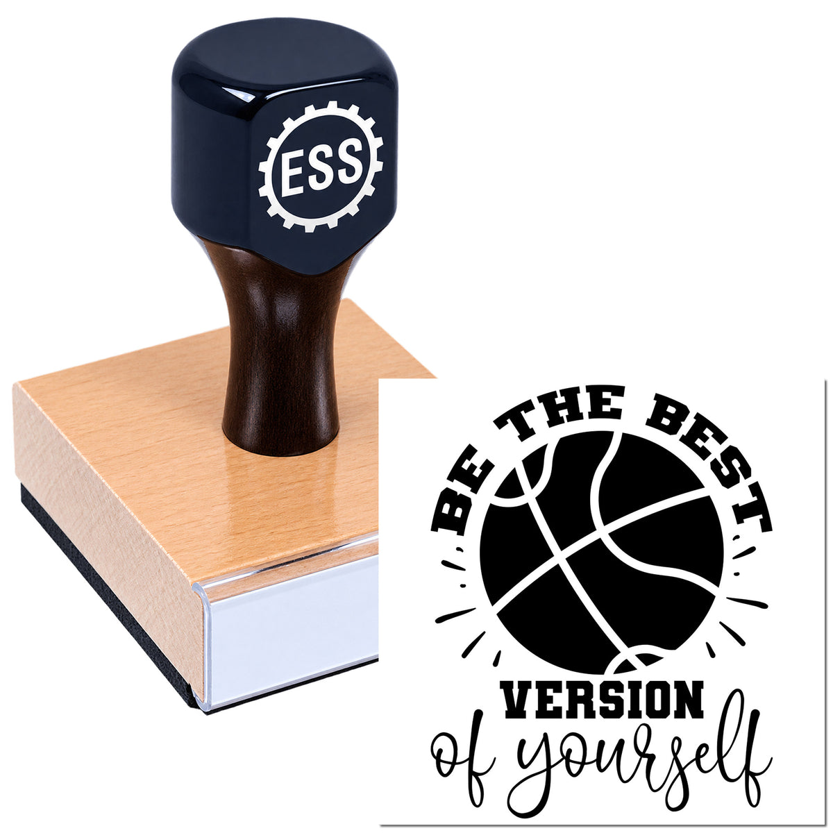 Navy custom rubber stamp with ESS logo pressing a pink wooden seal block beside a basketball design reading The Best Version of Yourself.
