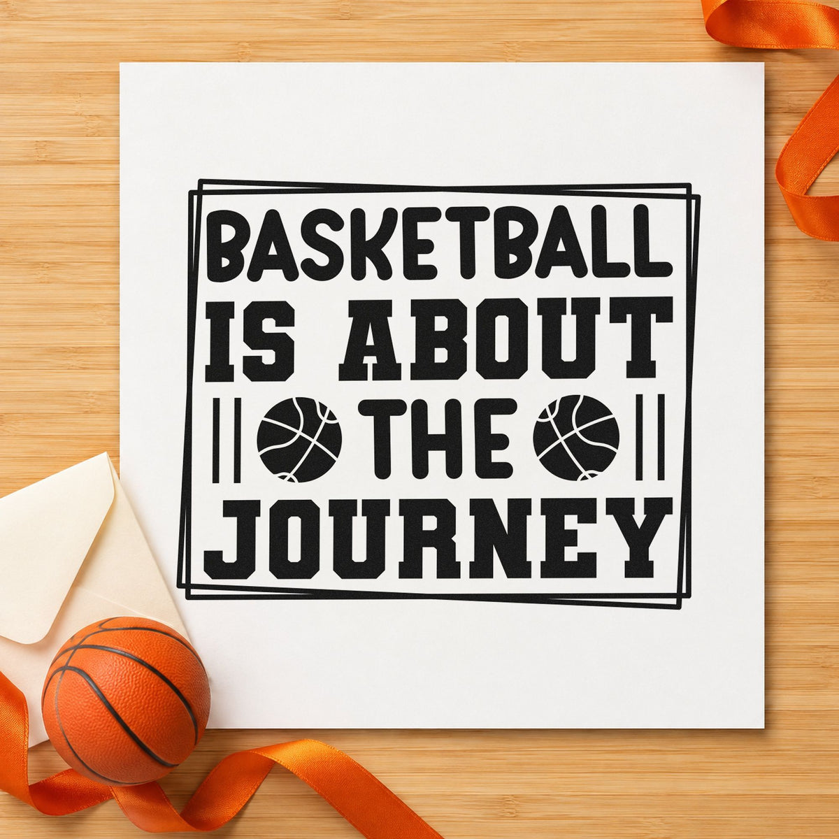 Basketball About The Journey craft stamp imprint in black ink on a handmade project, one idea being alumni gift tags.