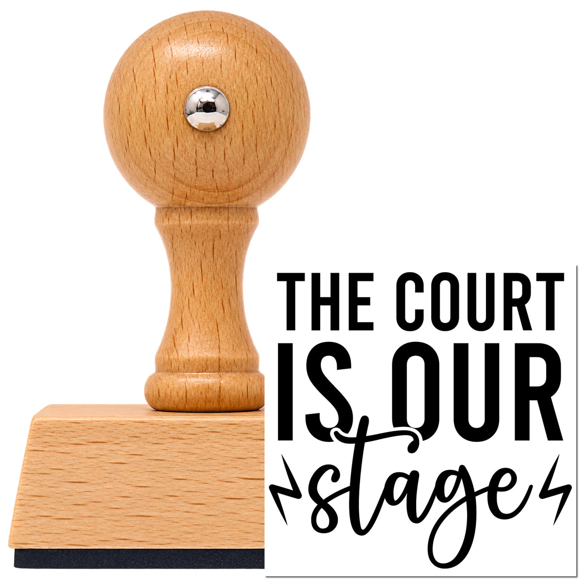 Vintage Pro beech wood stamp with a round knob handle, shown with its black The Court Is Our Stage imprint on white.