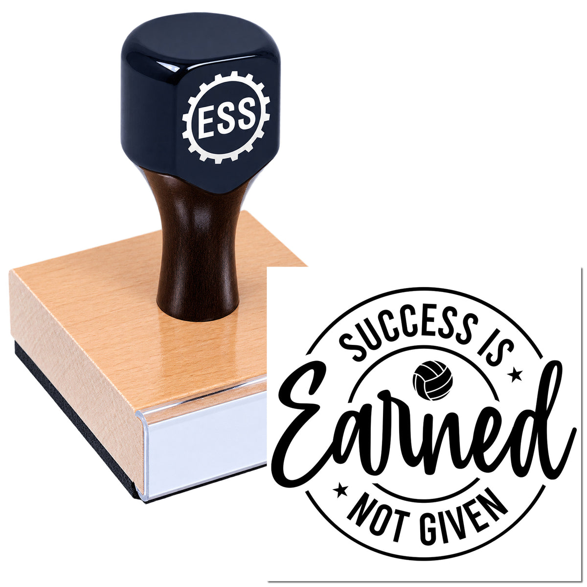 Black ESSI rubber stamp on wooden block with "SUCCESS IS EARNED NOT GIVEN" seal design in black on white.