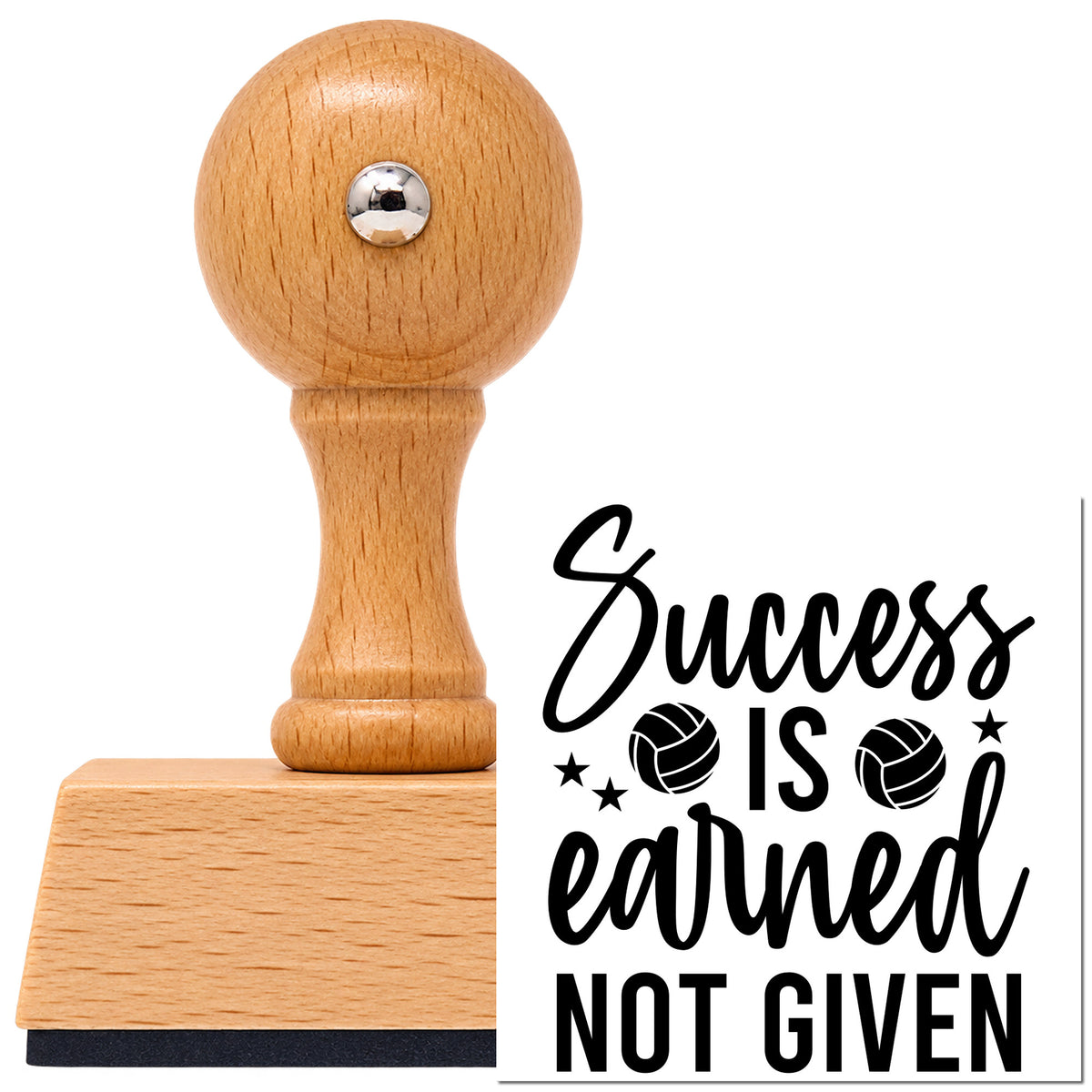 Vintage Pro beech wood stamp with a round knob handle, shown with its black Two Volleyballs With Success Lettering imprint on white.
