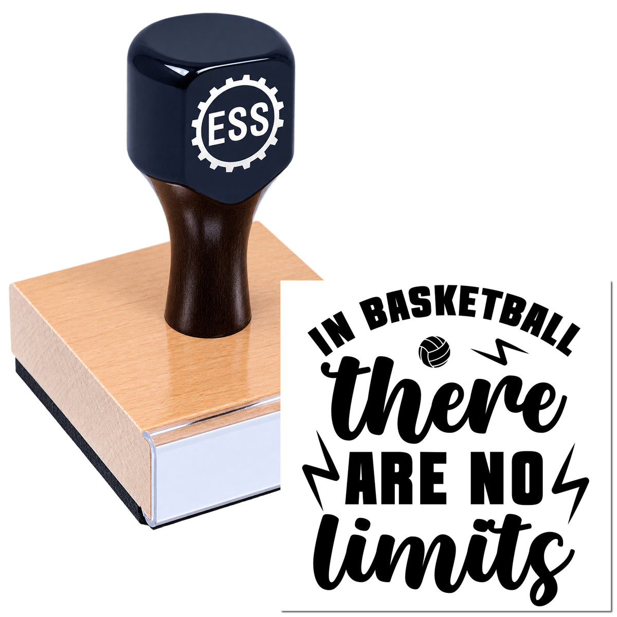 Dark blue ESS seal stamp pressing onto a block, creating a black basketball quote seal: "In basketball there are no limits."