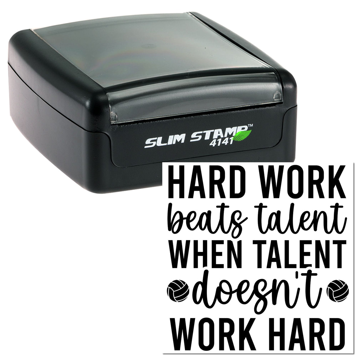 Black Slim Stamp 4141 self-inking seal with gray lid and bold motivational Hard Work... lettering.