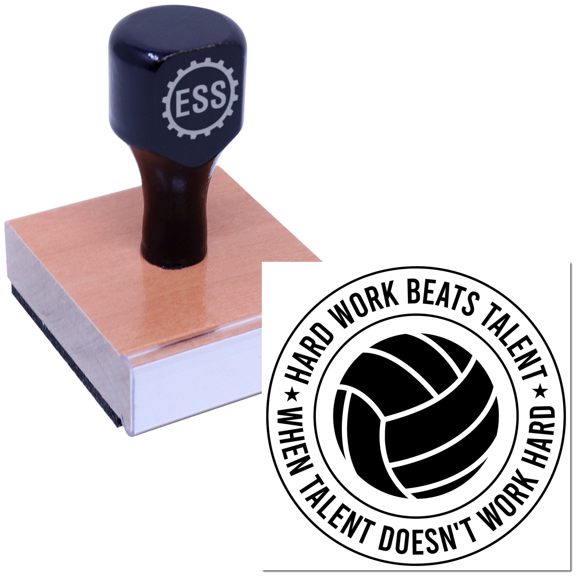 Dark blue ESS rubber stamp on copper-colored block beside black circular seal with volleyball and Hard work beats talent...