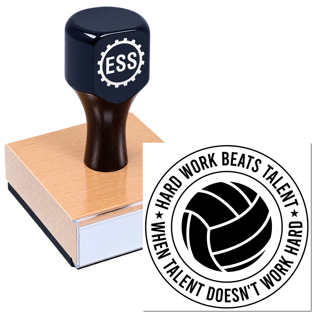 Dark blue ESS rubber stamp on copper-colored block beside black circular seal with volleyball and "Hard work beats talent..."
