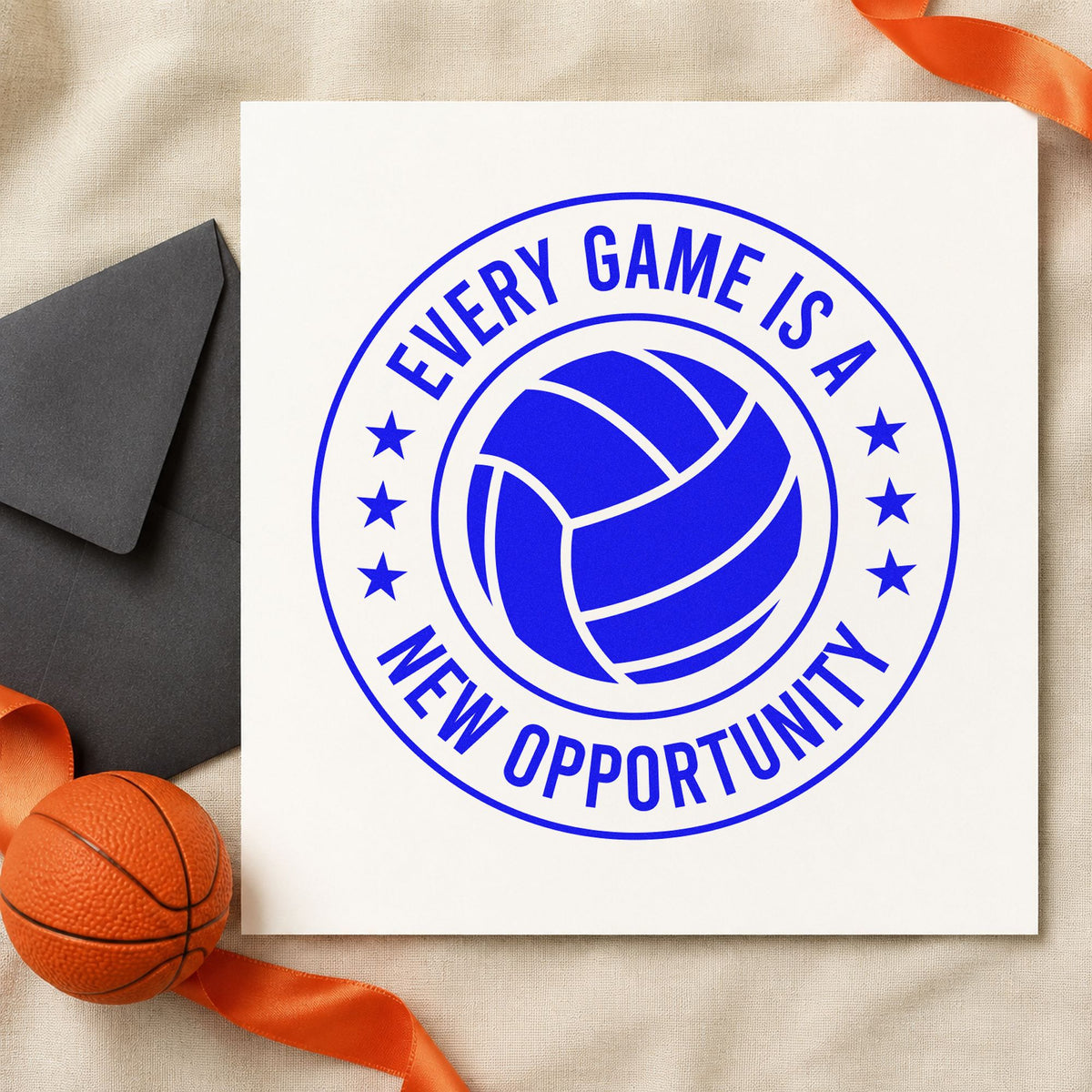 Every Game New Opportunity craft stamp in blue ink on cardstock, an easy option for shade canopy printing.