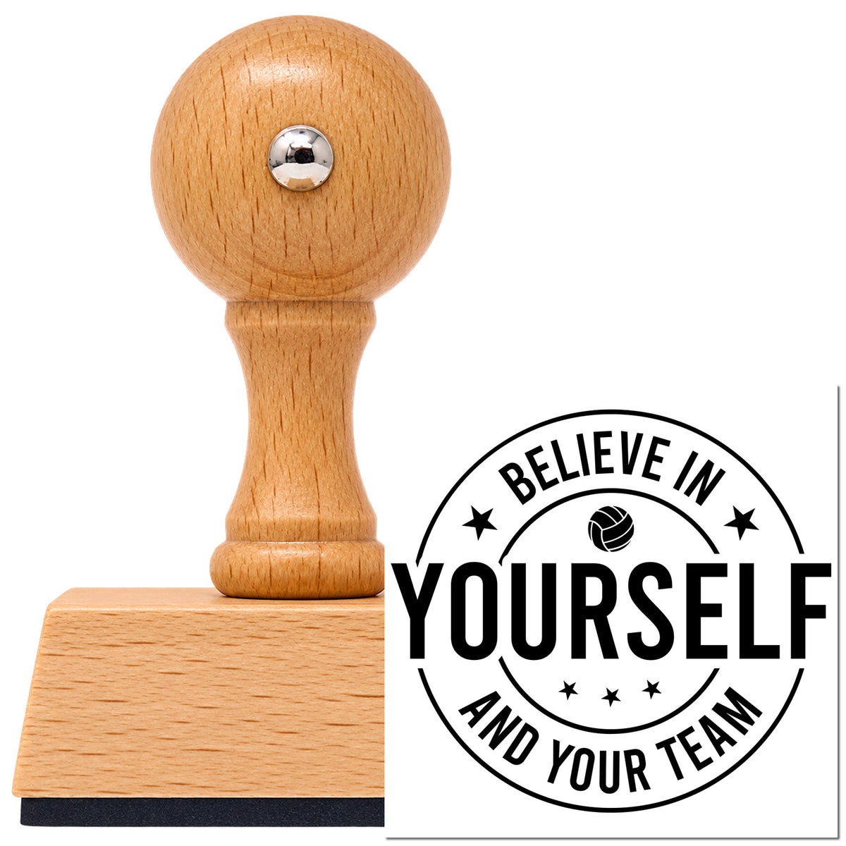 Vintage Pro beech wood stamp with a round knob handle, shown with its black Teamwork Quote With Volleyball Badge imprint on white.