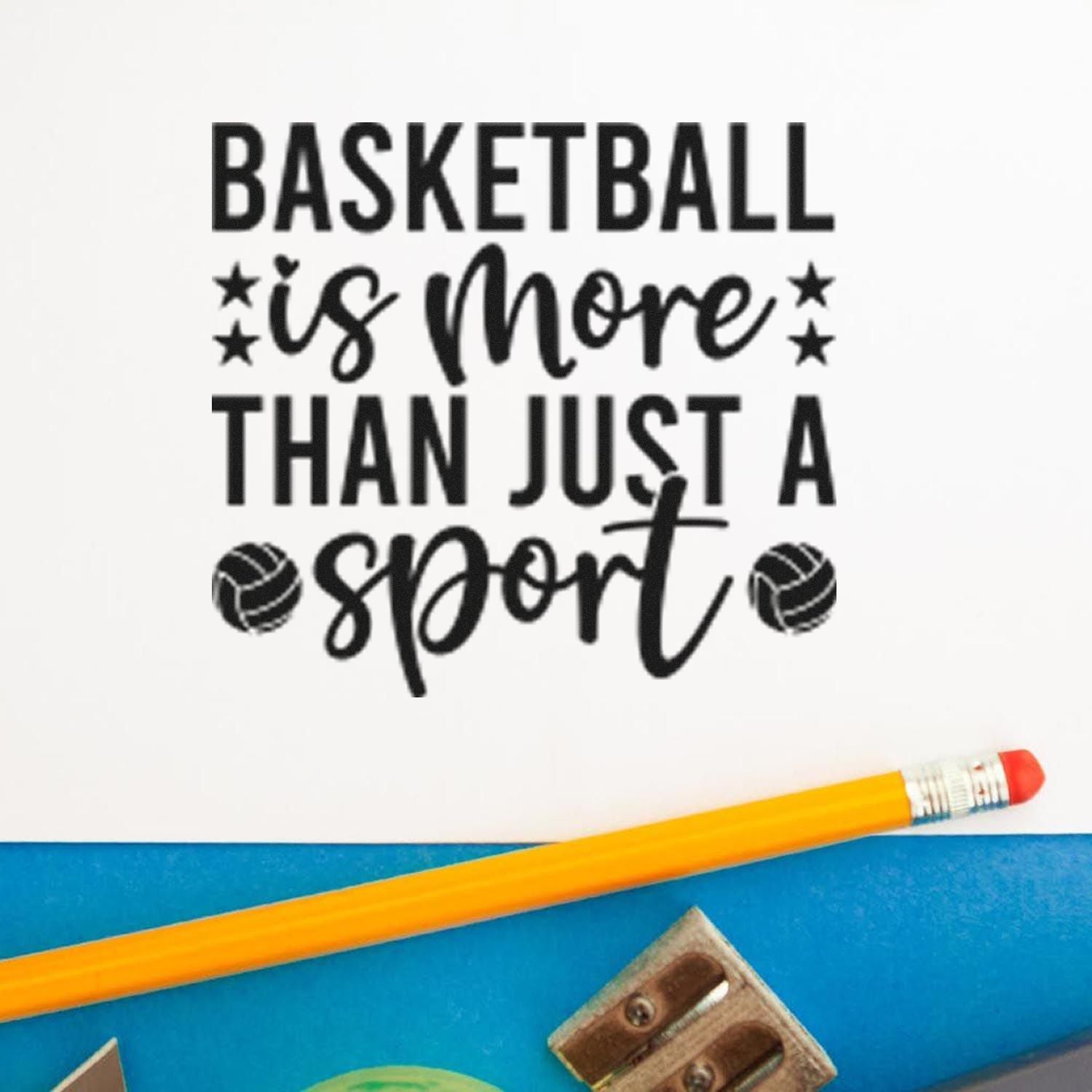 Black basketball-themed stamp and seal reading Basketball is more than just a sport, with stars and basketball icons on white.