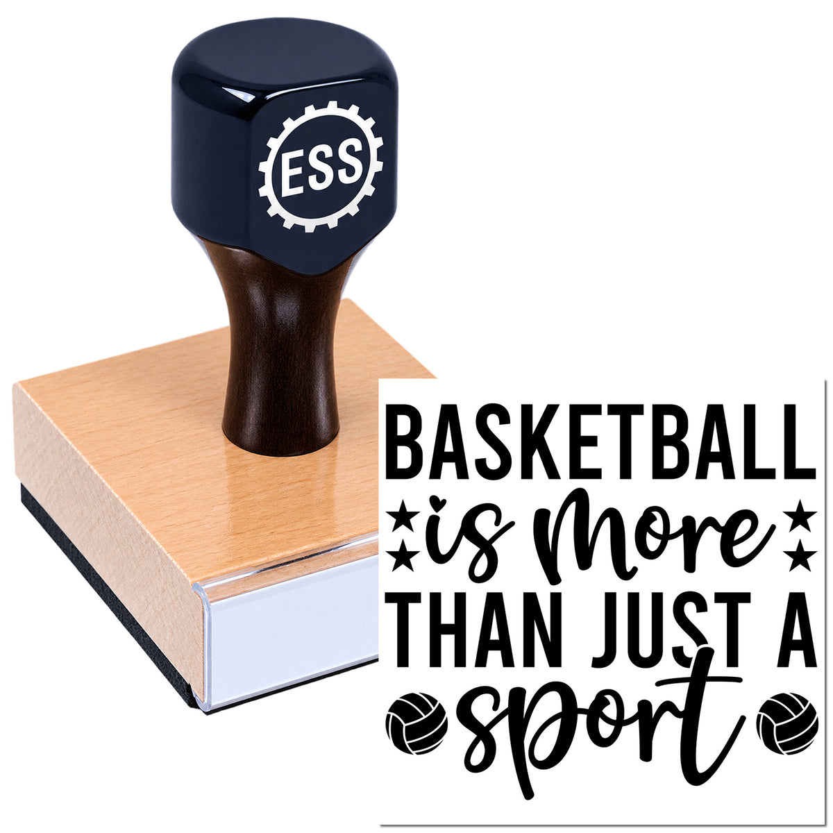 Black ESS stamp and seal on a wooden block, with bold basketball quote and ball icons.