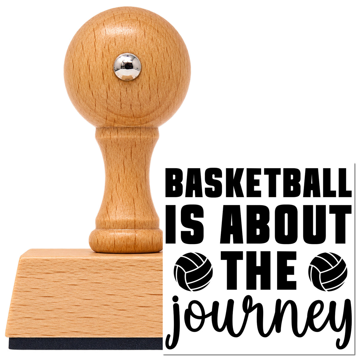 Vintage Pro beech wood stamp with a round knob handle, shown with its black Journey Quote With Two Paneled Balls imprint on white.