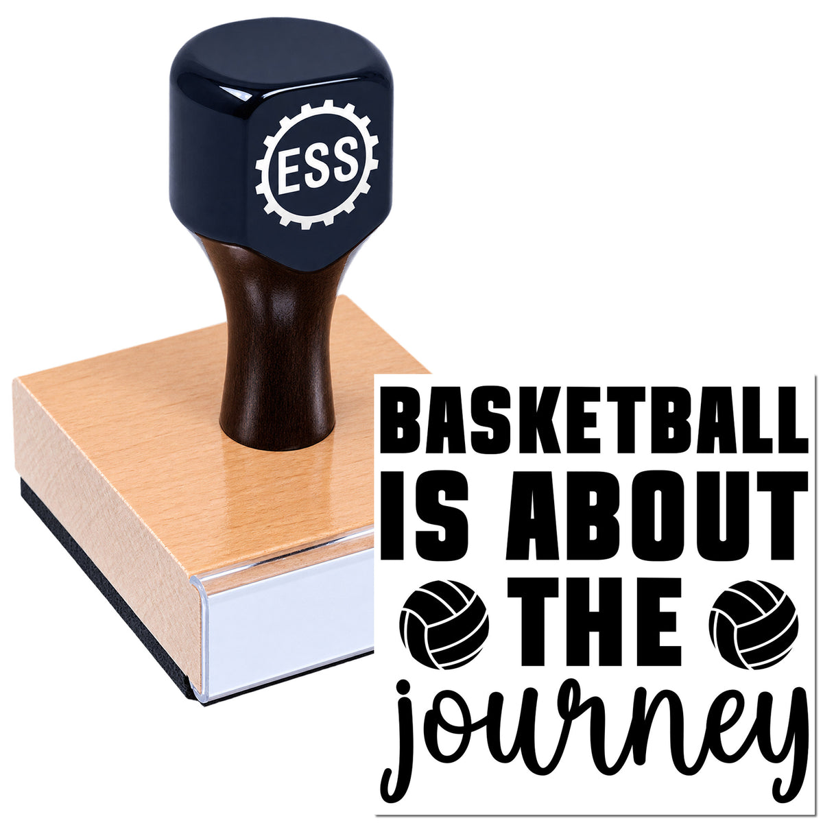 Black ESS stamp seal on pink base with bold basketball quote and ball icons on white background