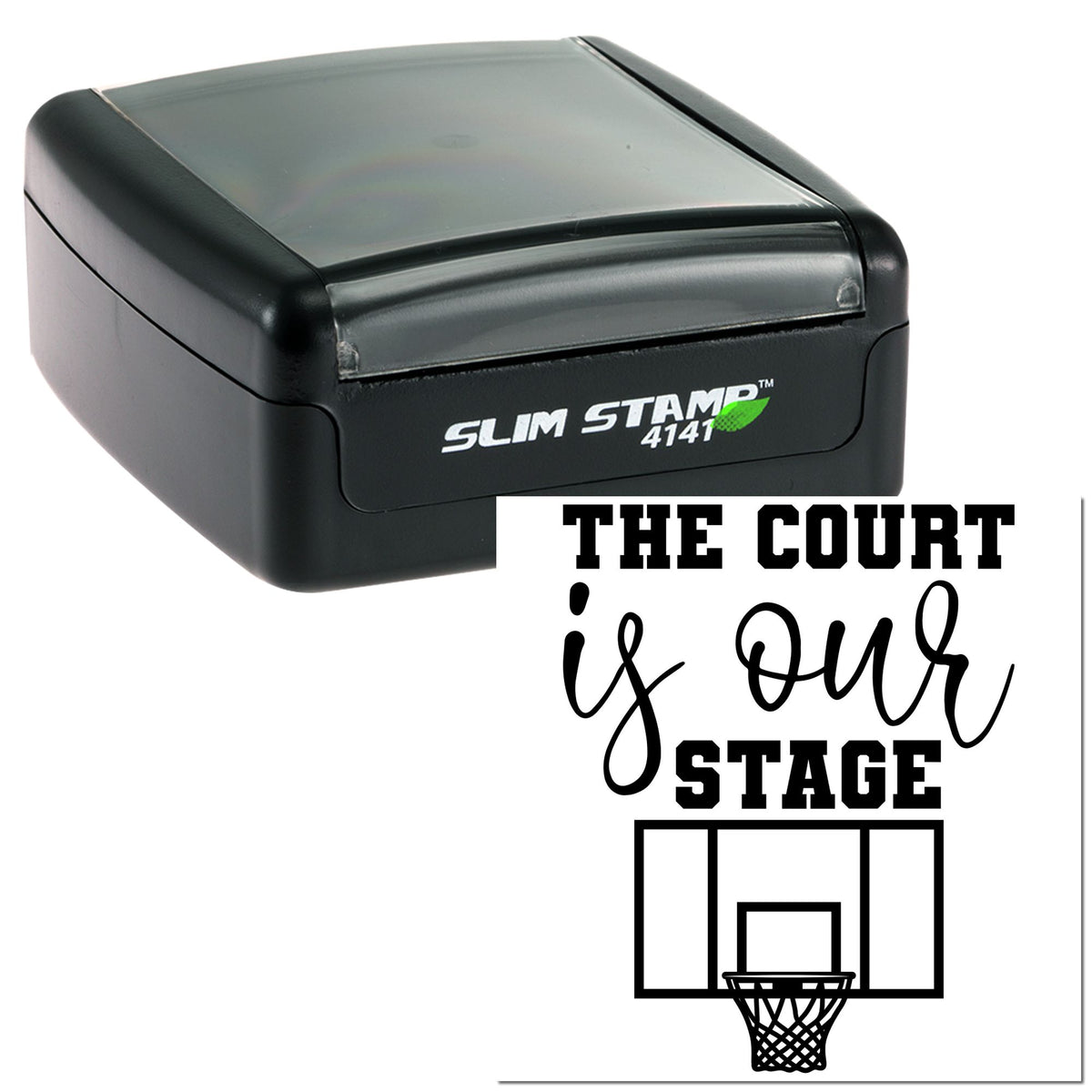 Black Slim Stamp 4141 self-inking stamp and seal with gray lid, showing white sample imprint and basketball hoop.