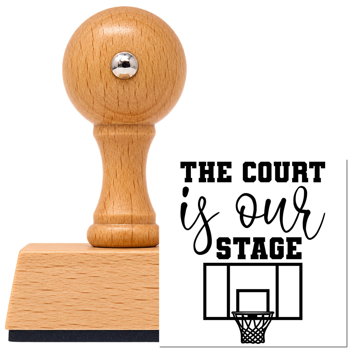 Vintage Pro beech wood stamp with a round knob handle, shown with its black Court Our Stage Hoop Basketball imprint on white.