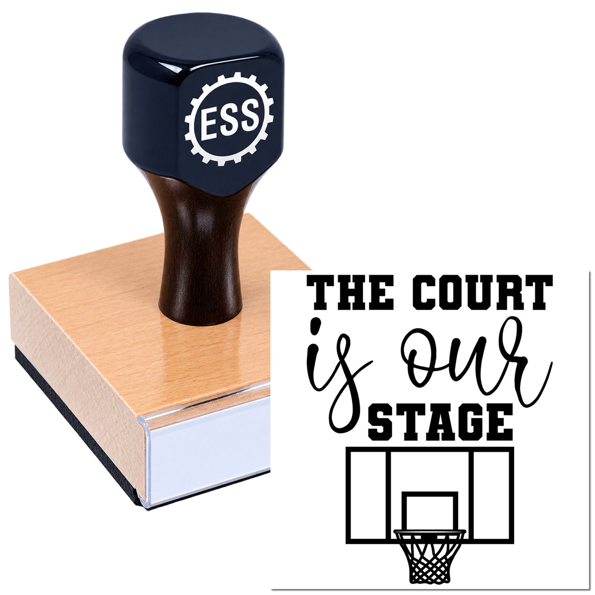 Black ESS stamp seal on pink block with "The Court is Our Stage" basketball graphic, white background
