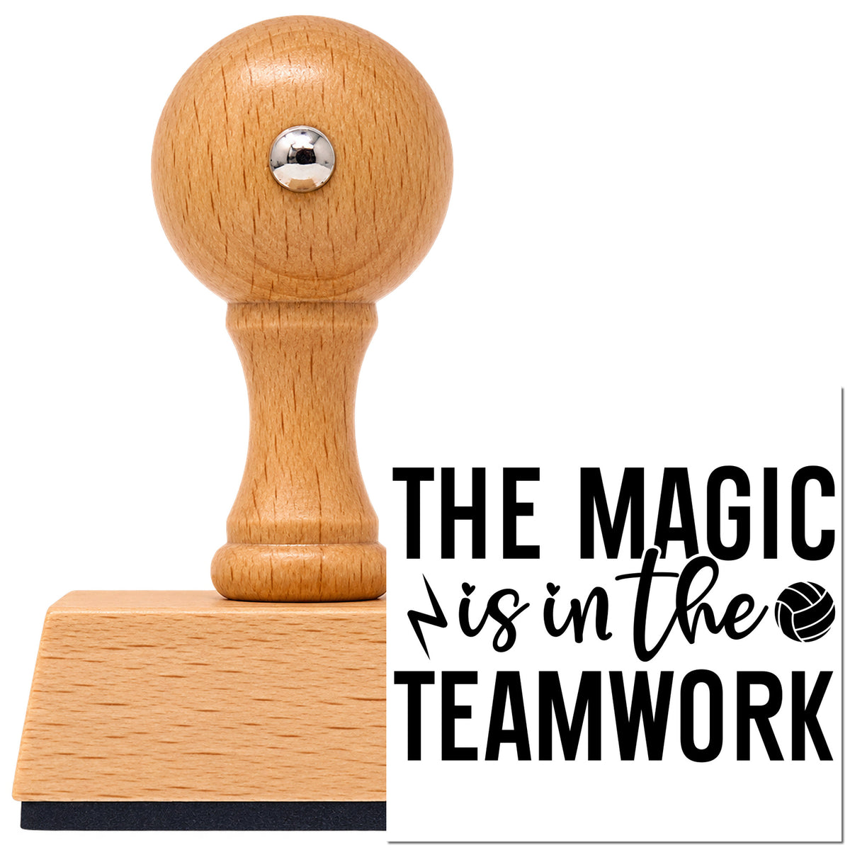 Vintage Pro beech wood stamp with a round knob handle, shown with its black Teamwork Magic With Lightning And Volleyball imprint on white.