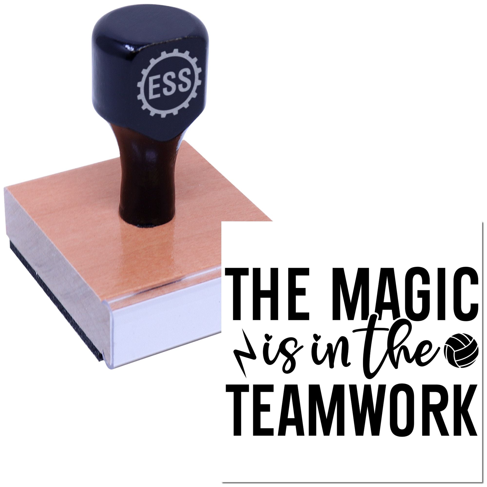 Navy blue custom rubber stamp with ESS logo on a wooden seal block, beside The Magic is in the Teamwork text.