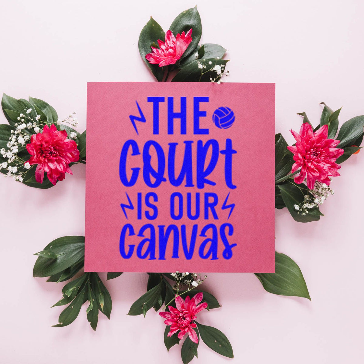 Custom stamp and seal on pink card with bold blue lettering, surrounded by bright pink flowers and green leaves.