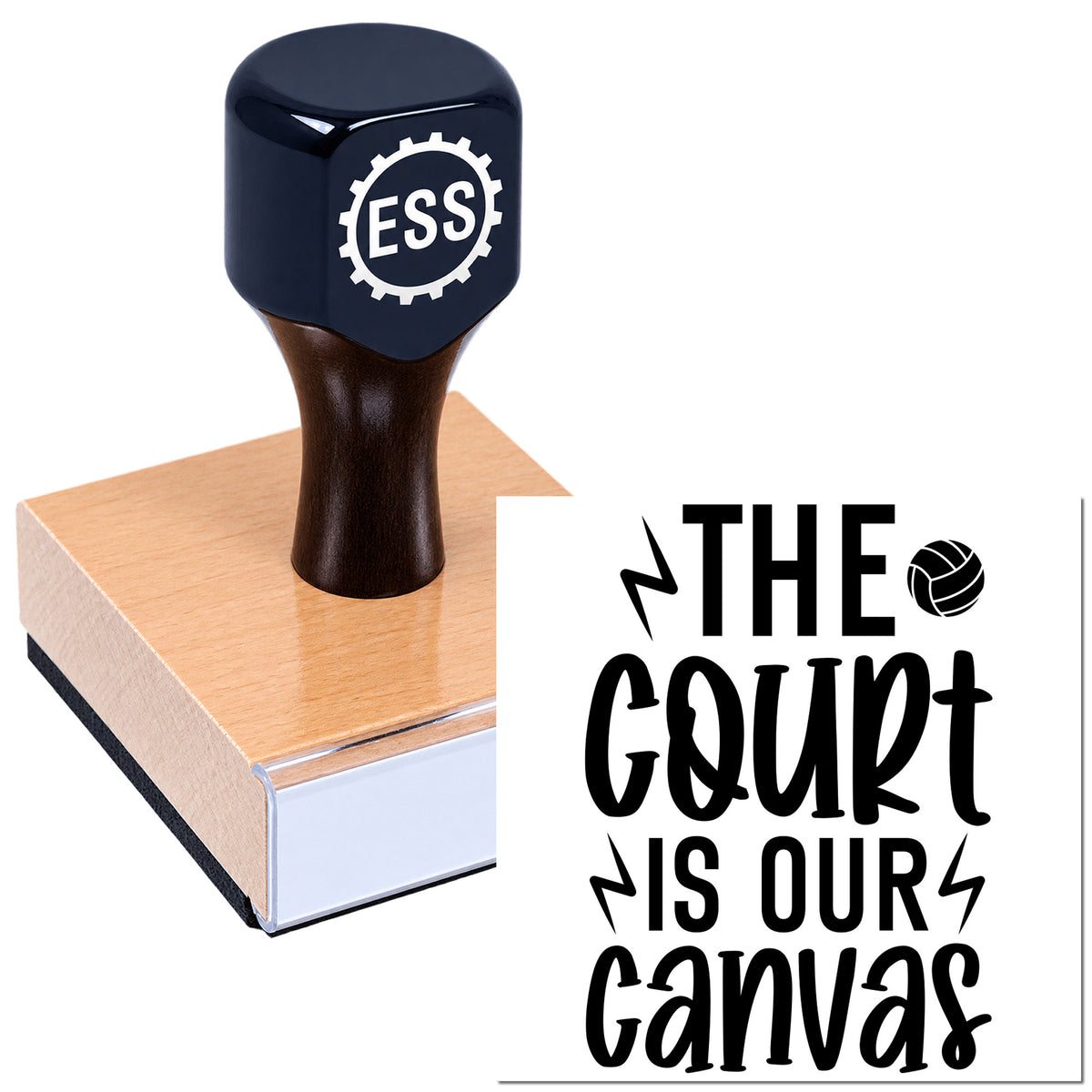 Navy blue rubber stamp and seal on a pink wooden base, showing ESS logo and black "The Court Is Our Canvas" design.