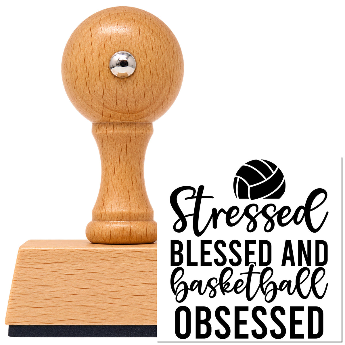 Vintage Pro beech wood stamp with a round knob handle, shown with its black Basketball Obsessed Stacked Lettering imprint on white.