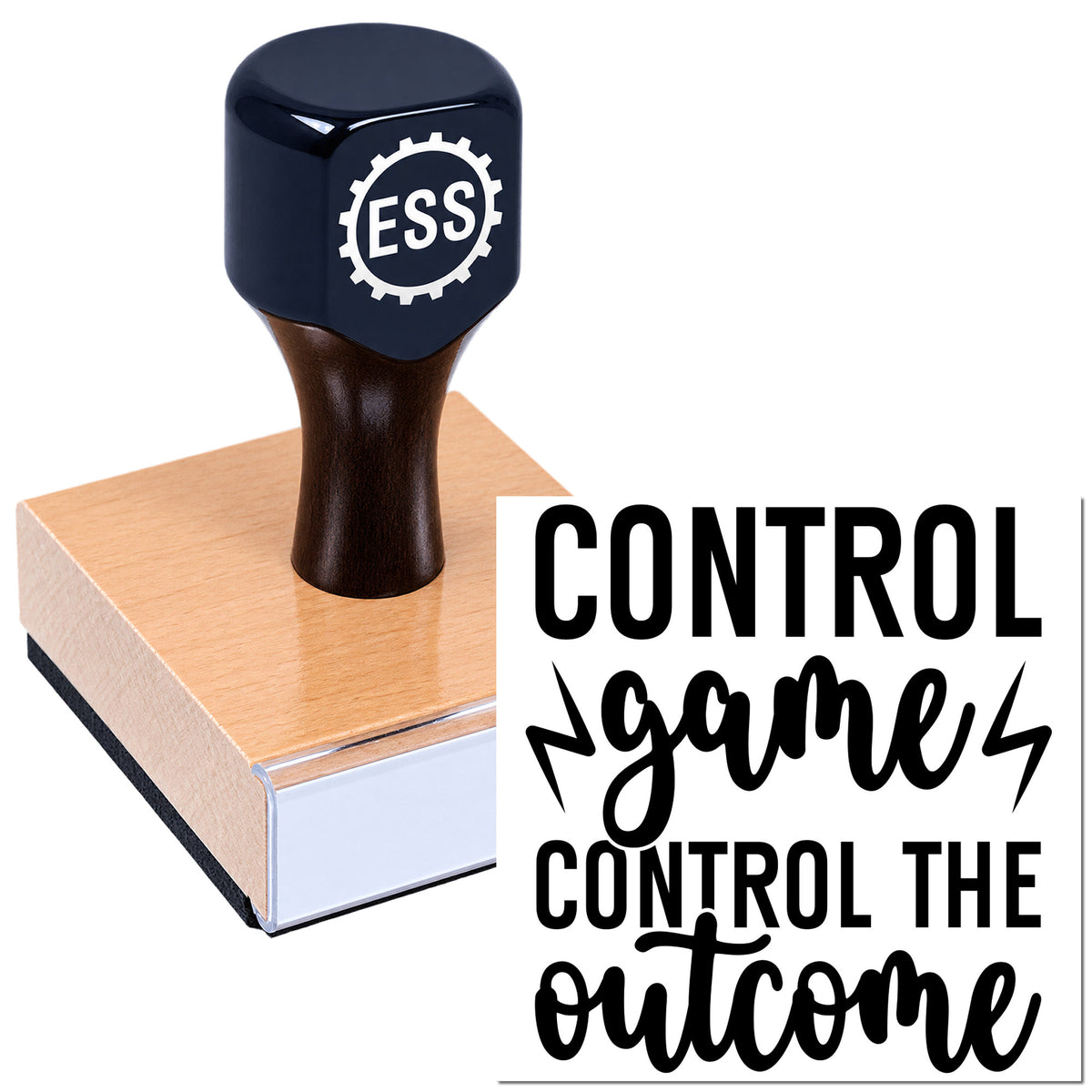 Black ESS rubber stamp and seal on wooden block with bold "Control the outcome" text on white background.