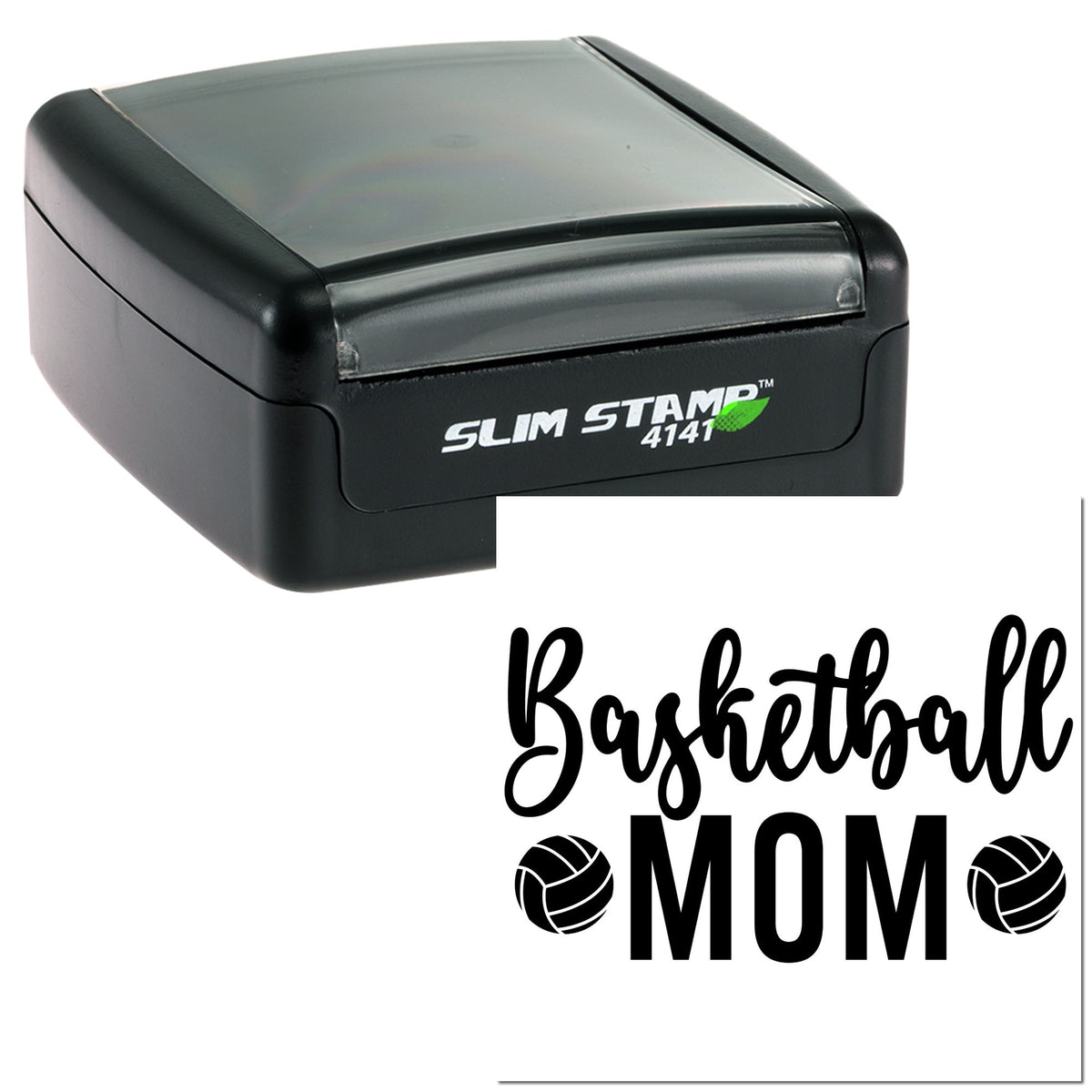 Black Slim Stamp 4141 self-inking stamp with clear cap and Basketball Mom seal design