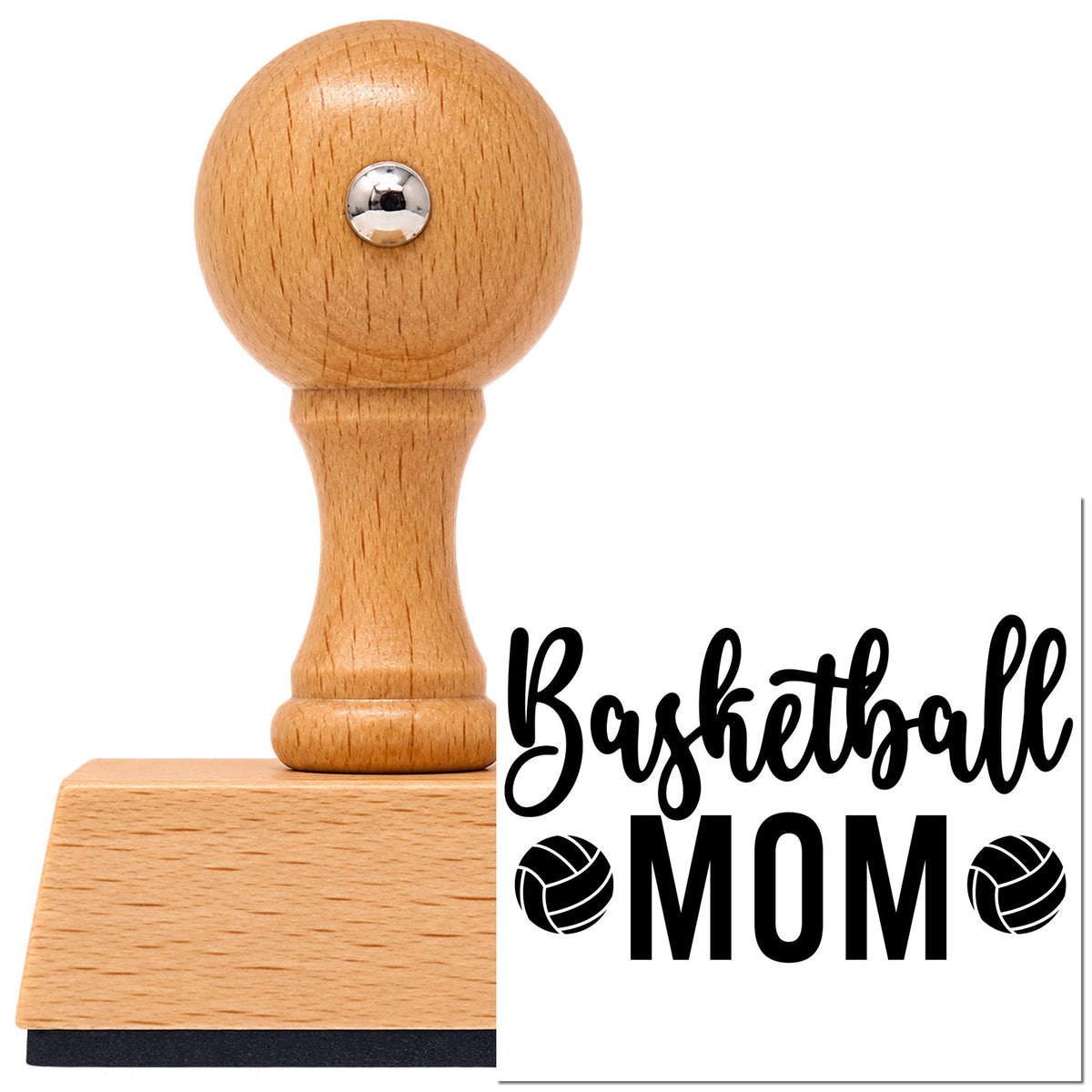Vintage Pro beech wood stamp with a round knob handle, shown with its black Ball Pair Framing Basketball Mom imprint on white.