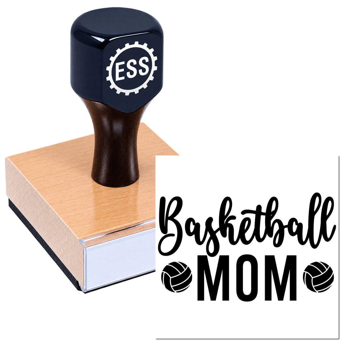 Black ESS stamp on a pink wood block beside a Basketball Mom logo, custom seal product design.