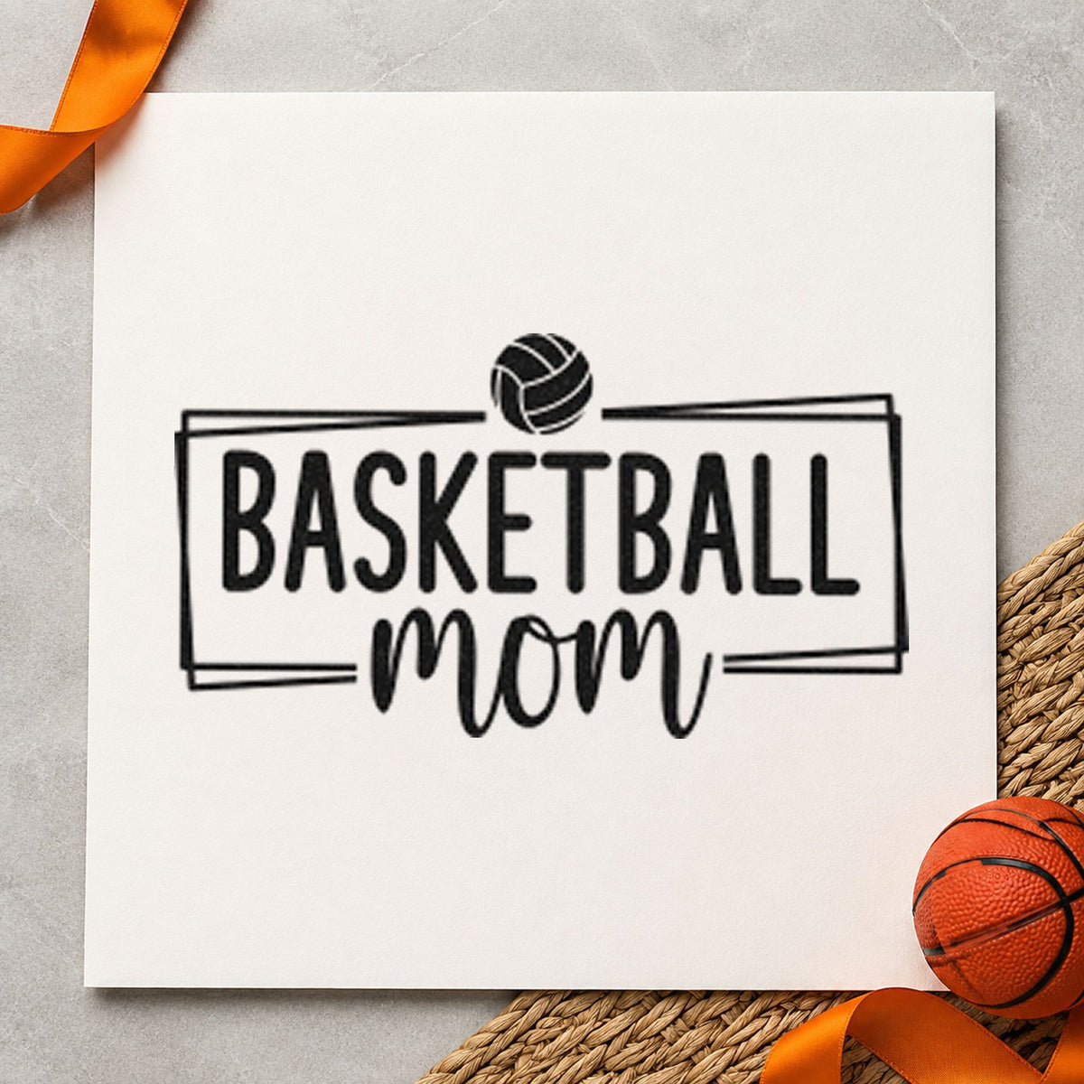 Basketball Mom Rectangular Frame craft stamp imprint in black ink on a handmade project, one idea being packing gift tags.
