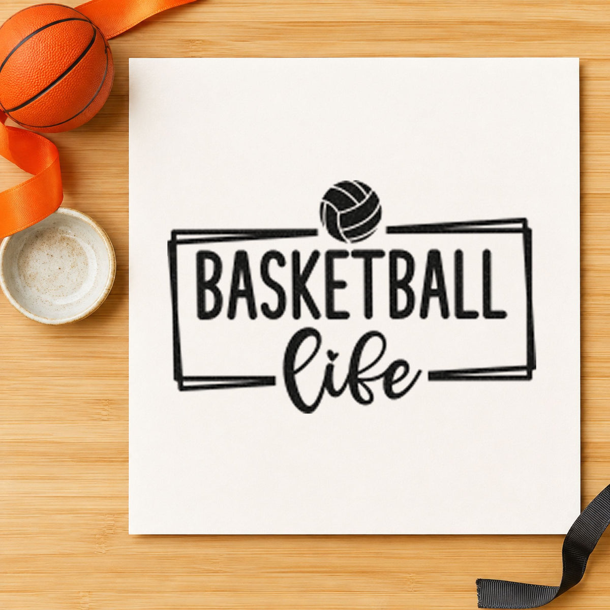 Basketball Life Rectangular Frame craft stamp imprint in black ink on a handmade project, one idea being memorabilia tags.