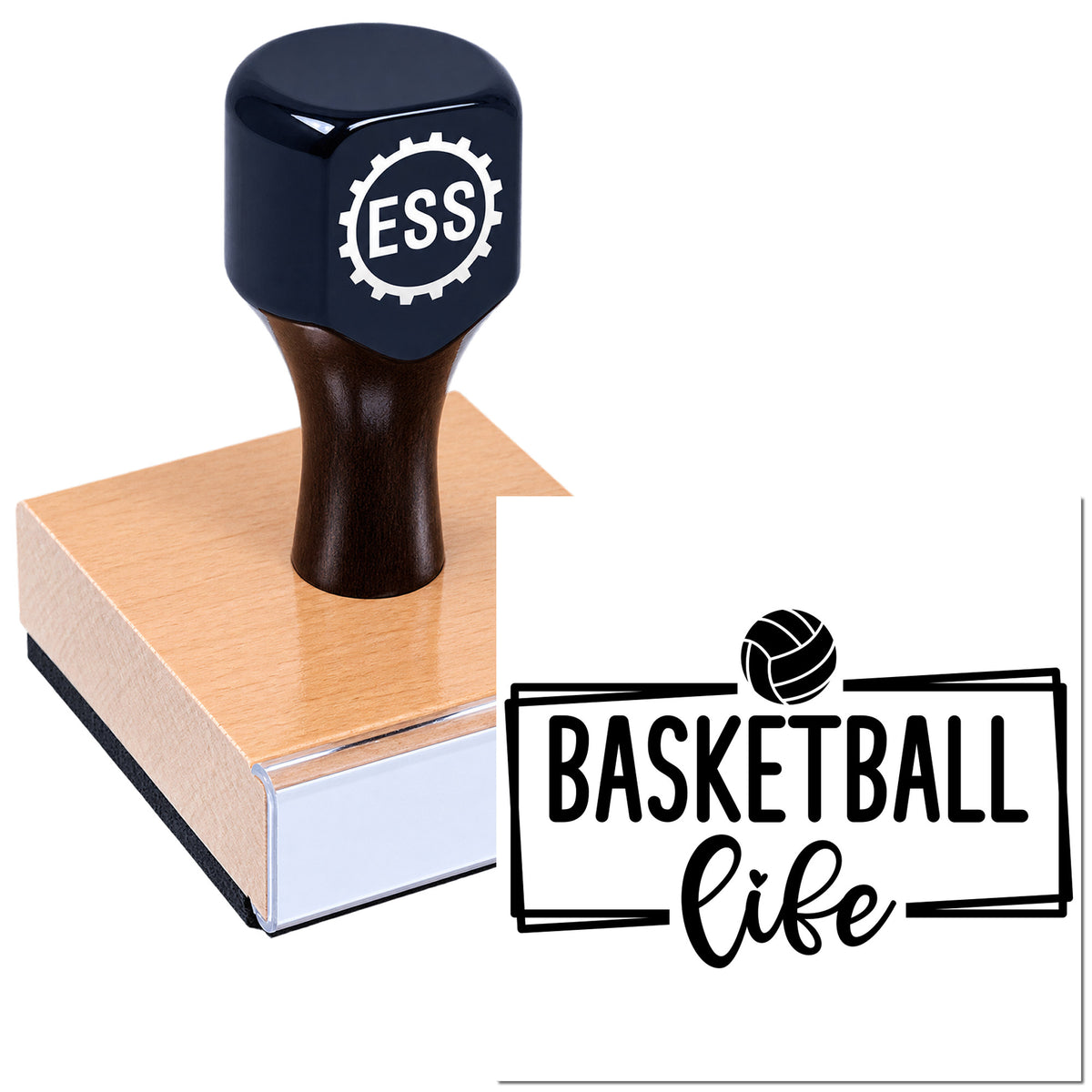 Dark blue ESS custom stamp and seal on pink block with black-and-white Basketball Life logo.