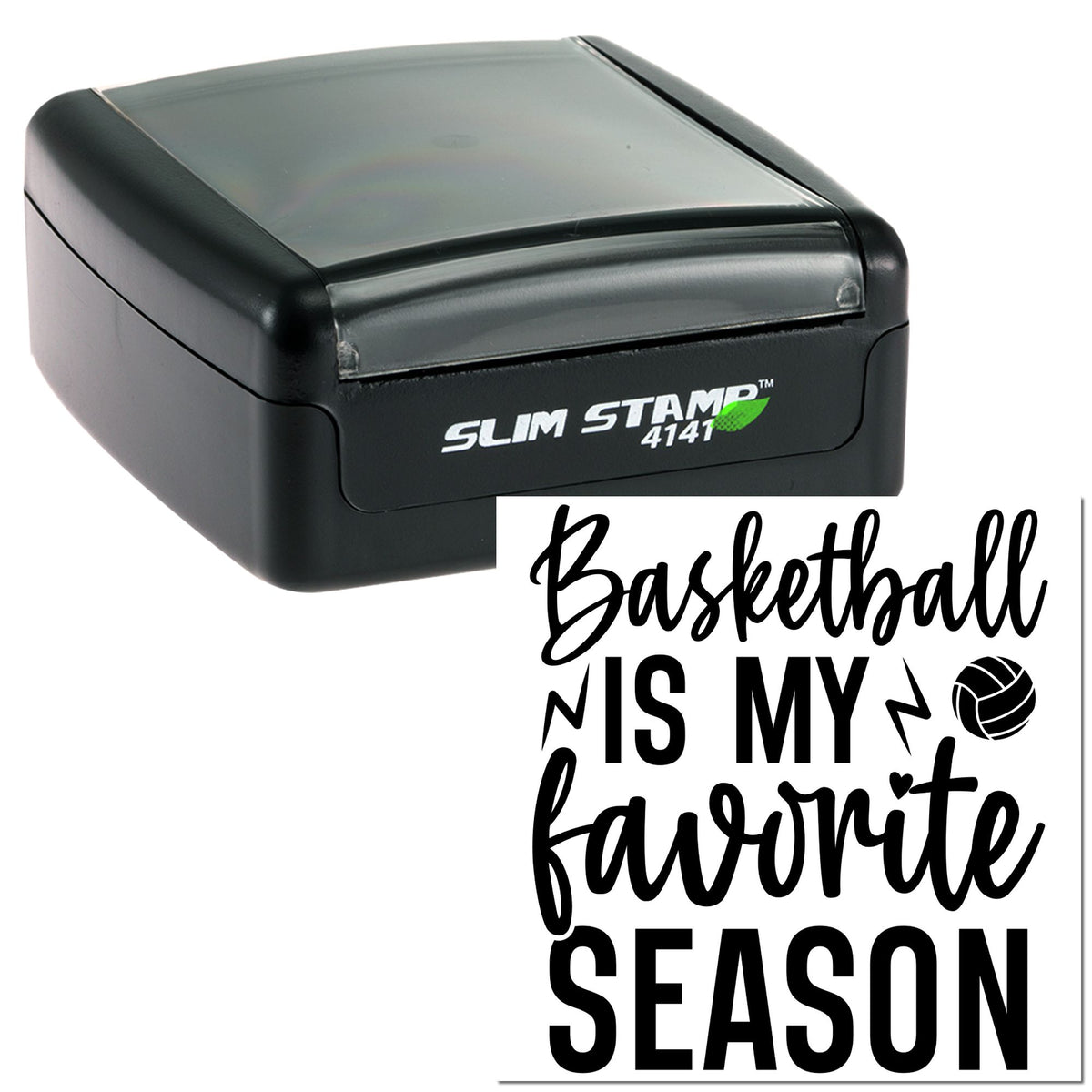 Black Slim Stamp 4141 self-inking stamp with custom basketball season seal design in bold black and white