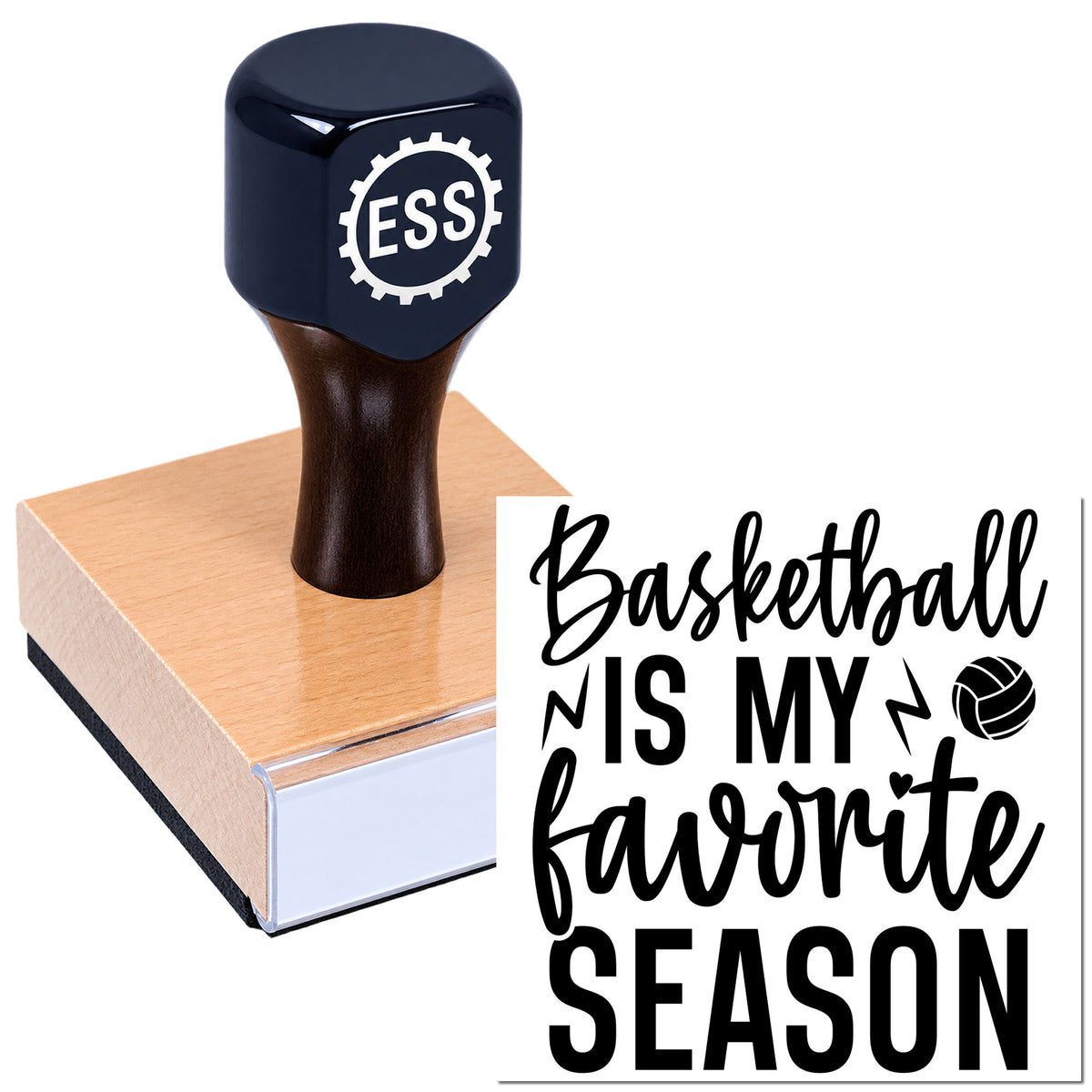Navy ESS rubber stamp on a pink-white seal block with black "Basketball Is My Favorite Season" design