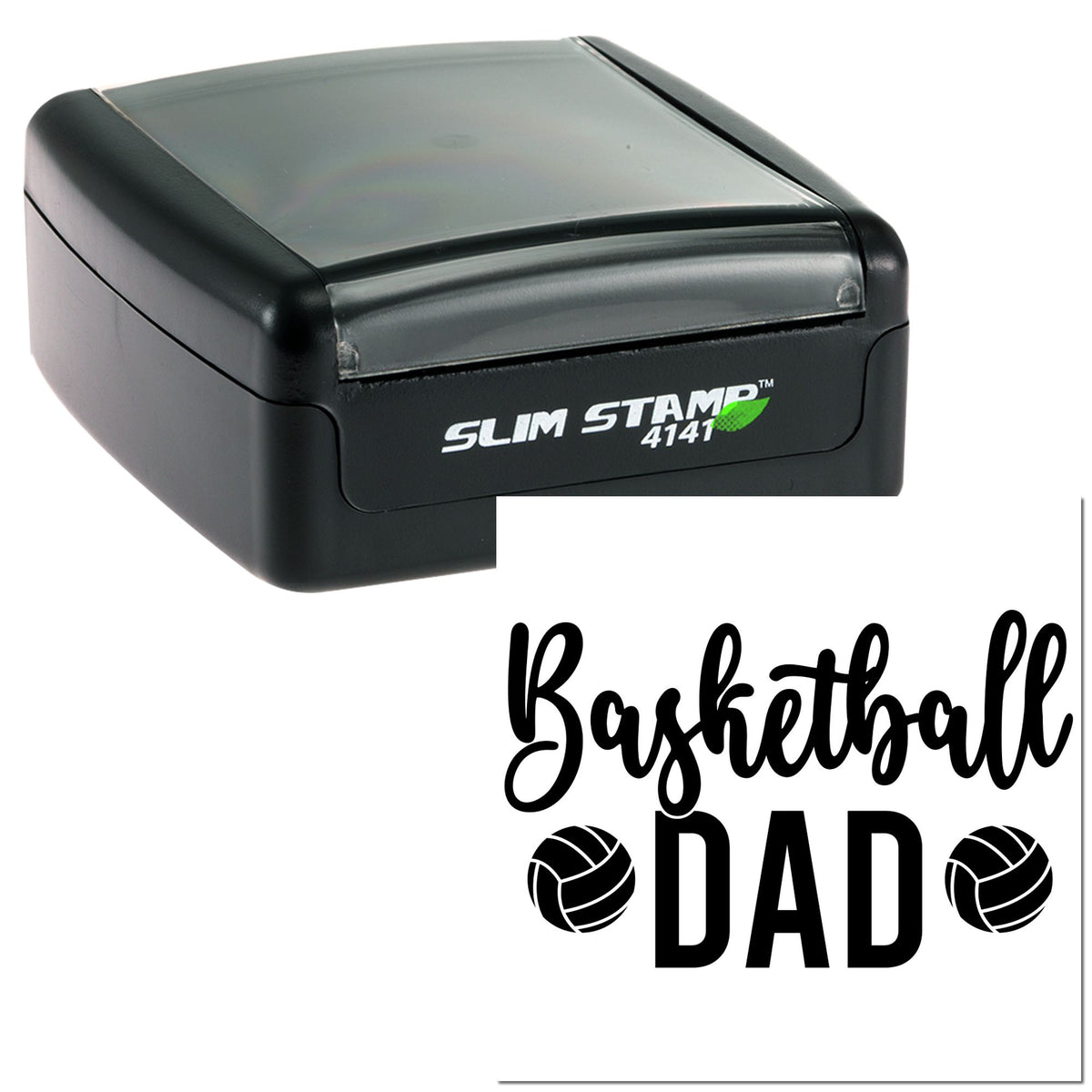 Black Slim Stamp 4141 self-inking stamp with basketball dad design and bold white logo text.