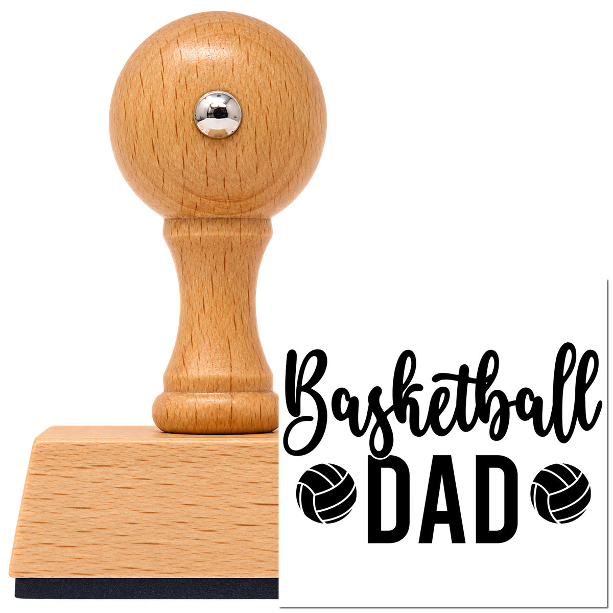 Vintage Pro beech wood stamp with a round knob handle, shown with its black Ball Pair Framing Basketball Dad imprint on white.