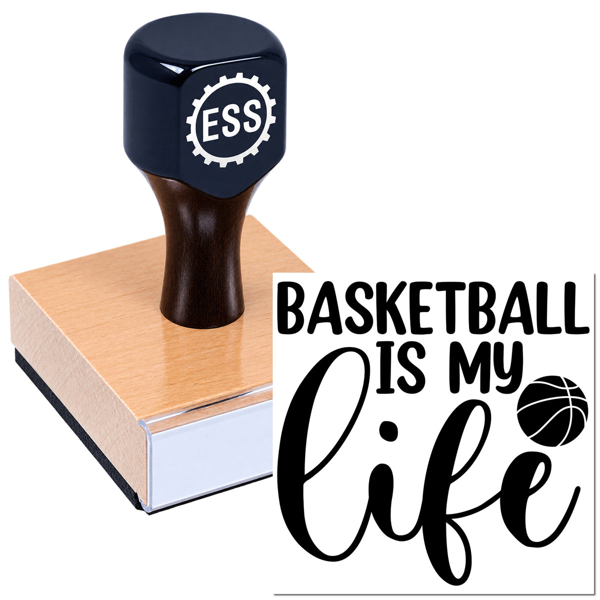 Black self-inking stamp with ESS logo on a pink wooden block, plus basketball-themed seal reading "Basketball is my life."