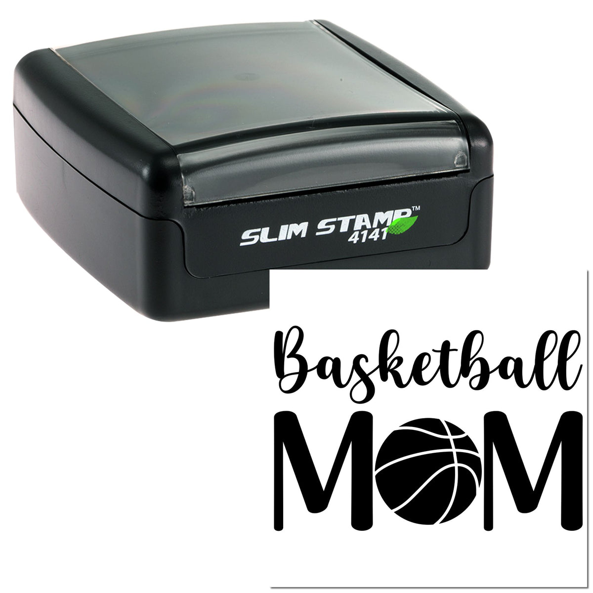 Black Slim Stamp 4141 self-inking stamp and seal with Basketball Mom design and basketball graphic on white.