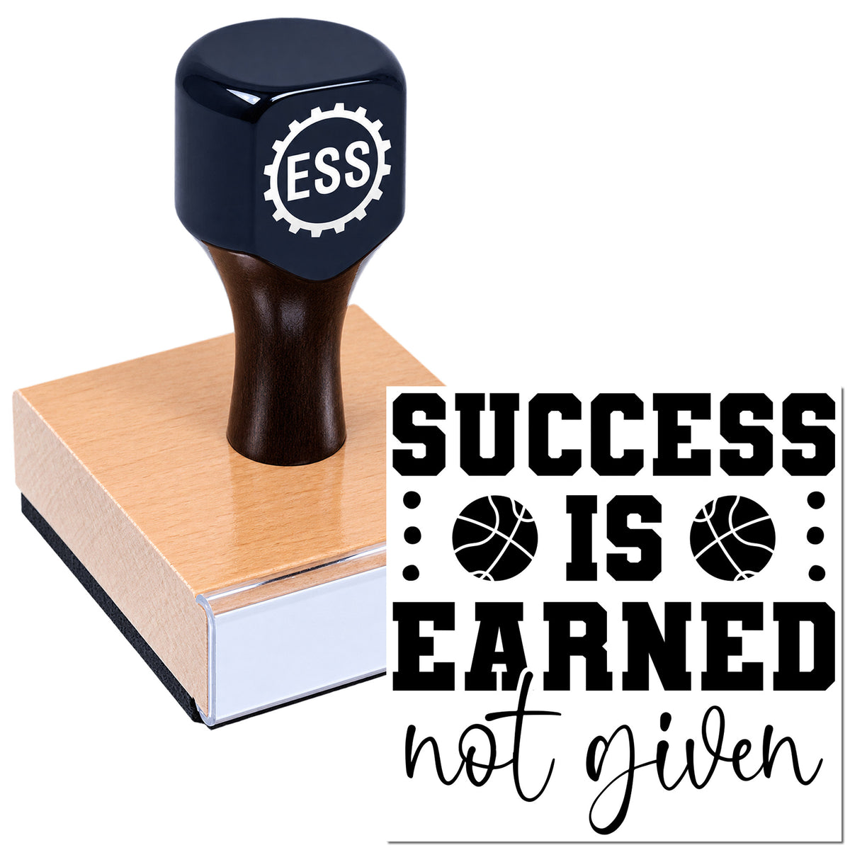 Dark blue ESS rubber stamp on a copper-toned seal block beside bold "SUCCESS IS EARNED, not given" lettering.