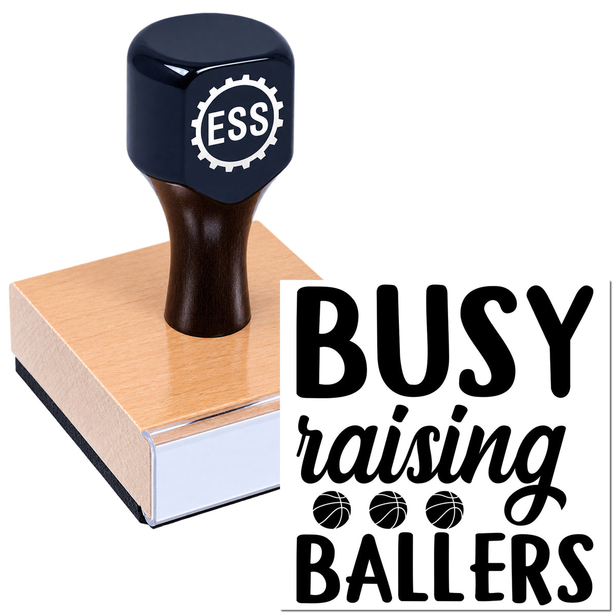 Navy rubber stamp seal with ESS logo on pink pad, showing BUSY raising ballers design in black.