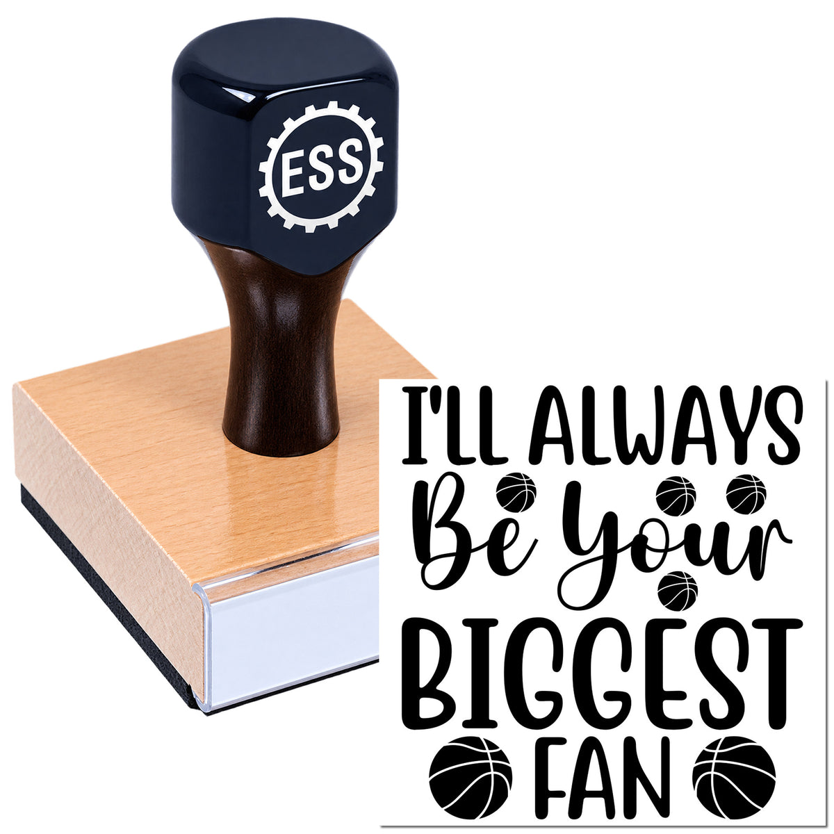 Black ESS rubber stamp on pink seal block beside "I'll Always Be Your Biggest Fan" basketball design