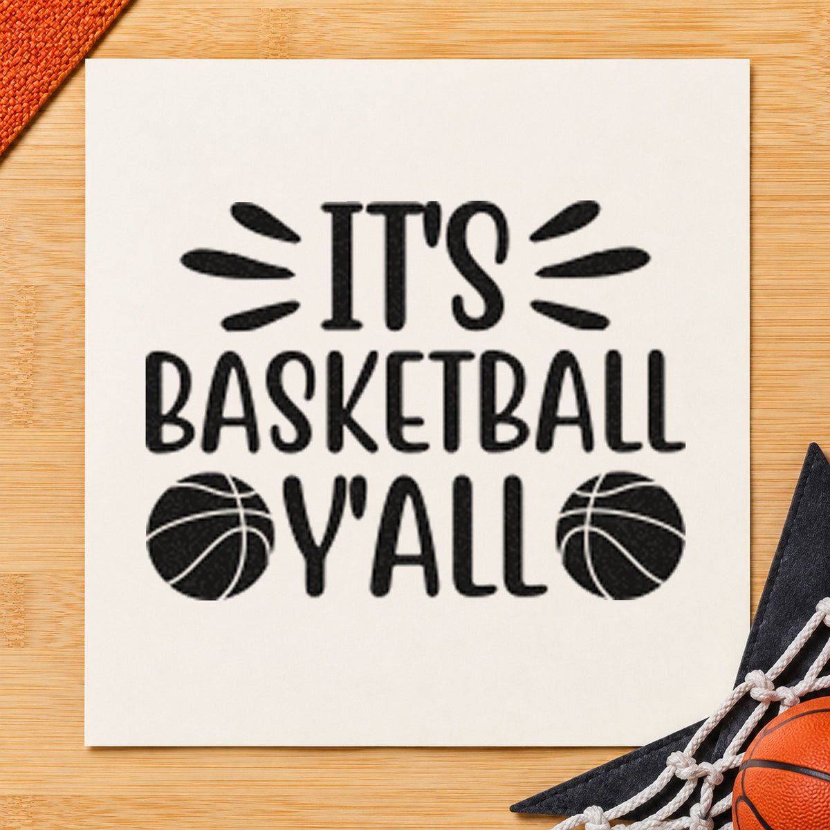It Is Basketball Yall craft stamp imprint in black ink on a handmade project, one idea being welcome bag gift tags.