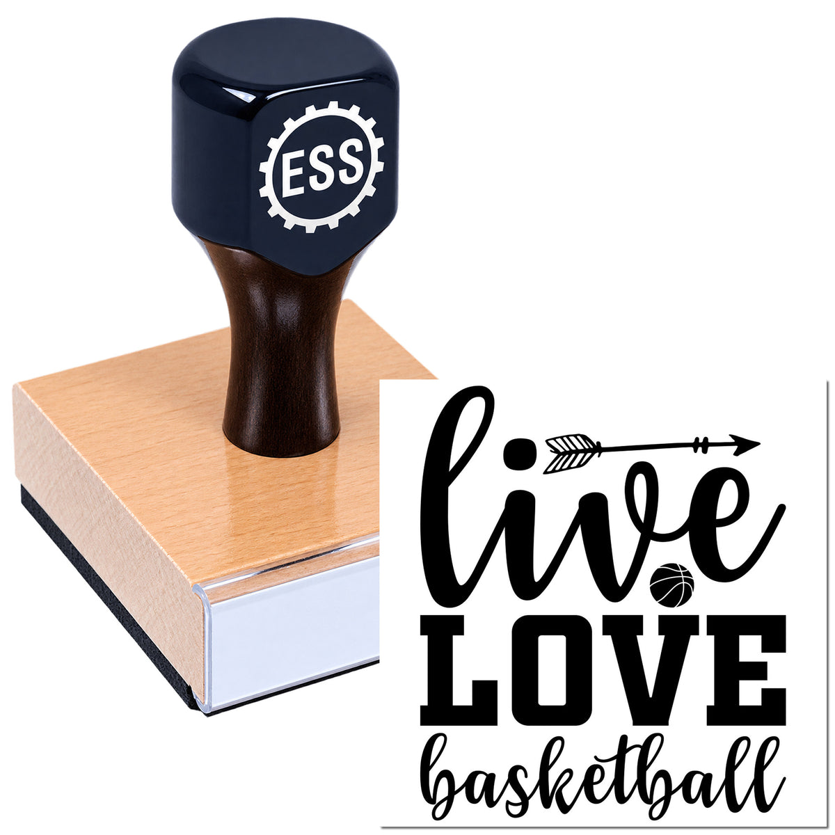 Dark navy ESS rubber stamp on a pink mounting block beside a black "live love basketball" seal design on white