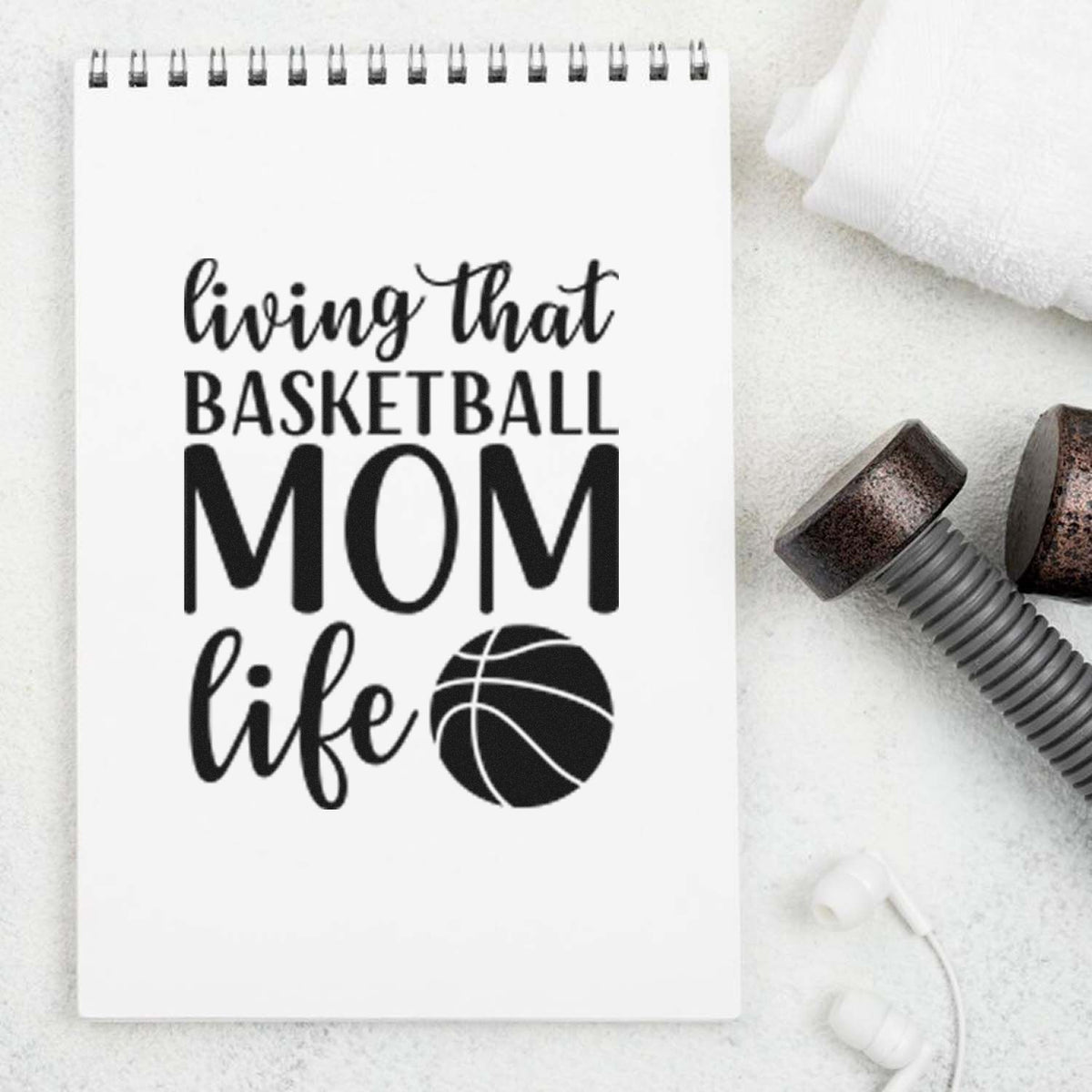Living Basketball Mom Life Premium Wood-Mounted Stamp - Vintage Pro imprint stamped in black ink. living that BASKETBALL MOM life appears with a large basketball.