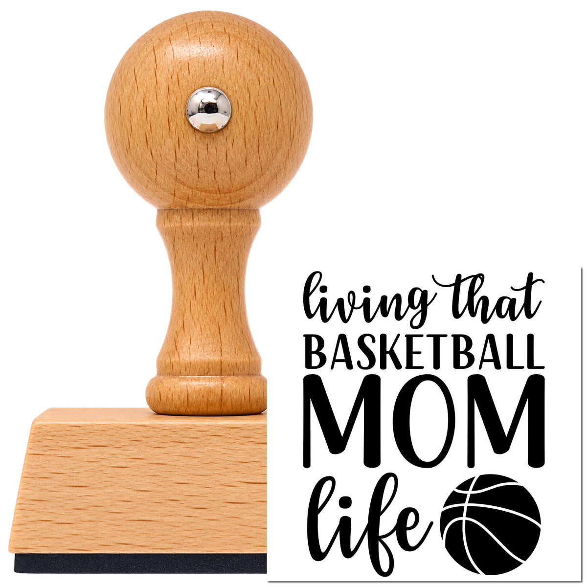 Vintage Pro beech wood stamp with a round knob handle, shown with its black Living Basketball Mom Life imprint on white.