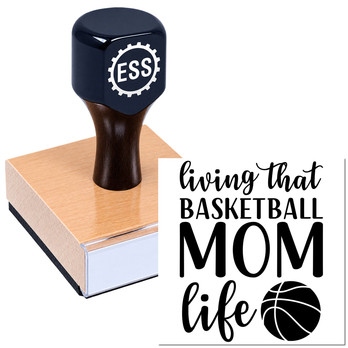 Black ESS stamp on peach seal block, showing "living that BASKETBALL MOM life" with basketball icon.