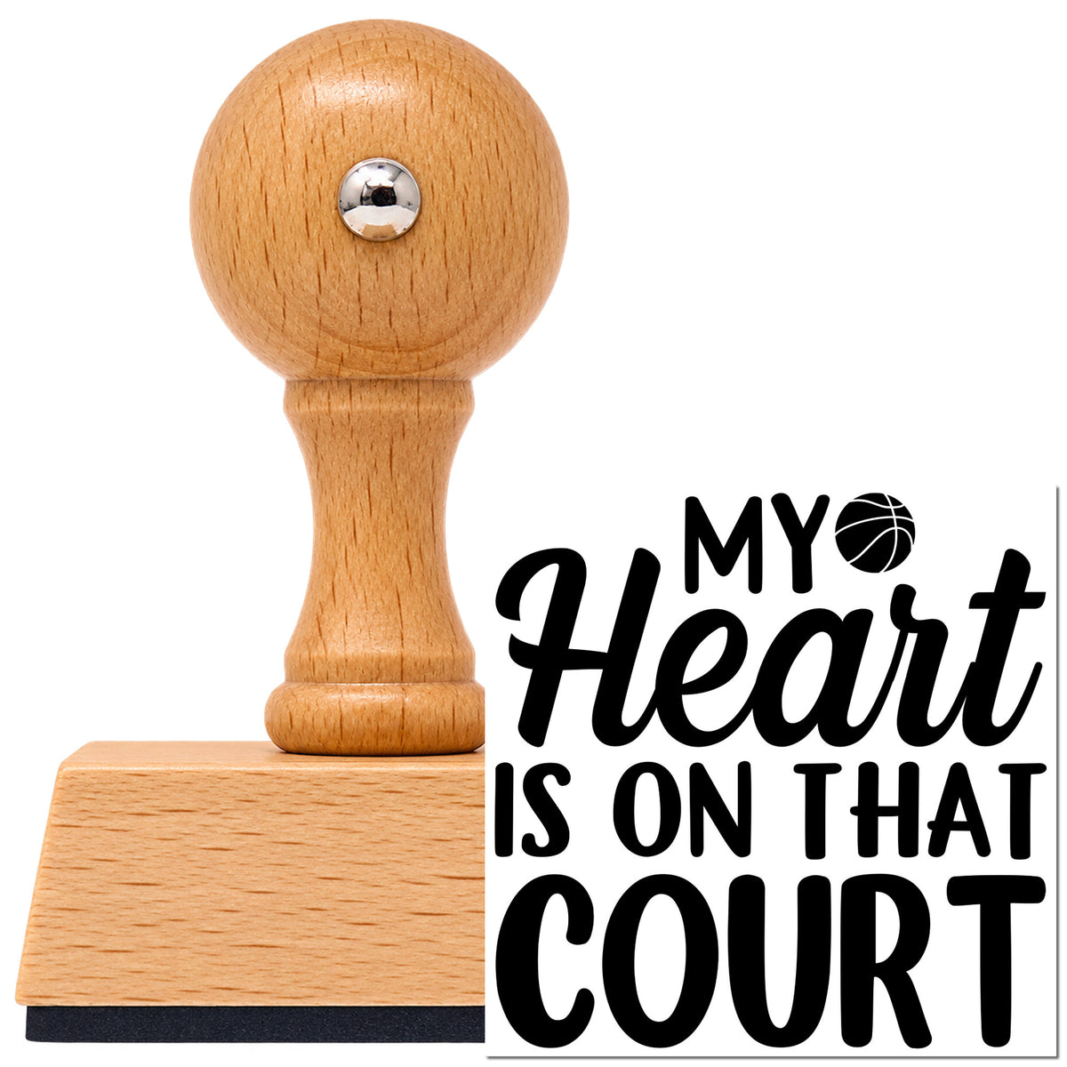 Vintage Pro beech wood stamp with a round knob handle, shown with its black My Heart Is On That Court imprint on white.