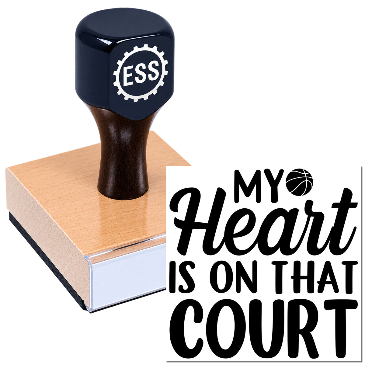 Dark blue custom rubber stamp and seal on wooden block, embossed with ESS gear logo and "My Heart Is on That Court" text.