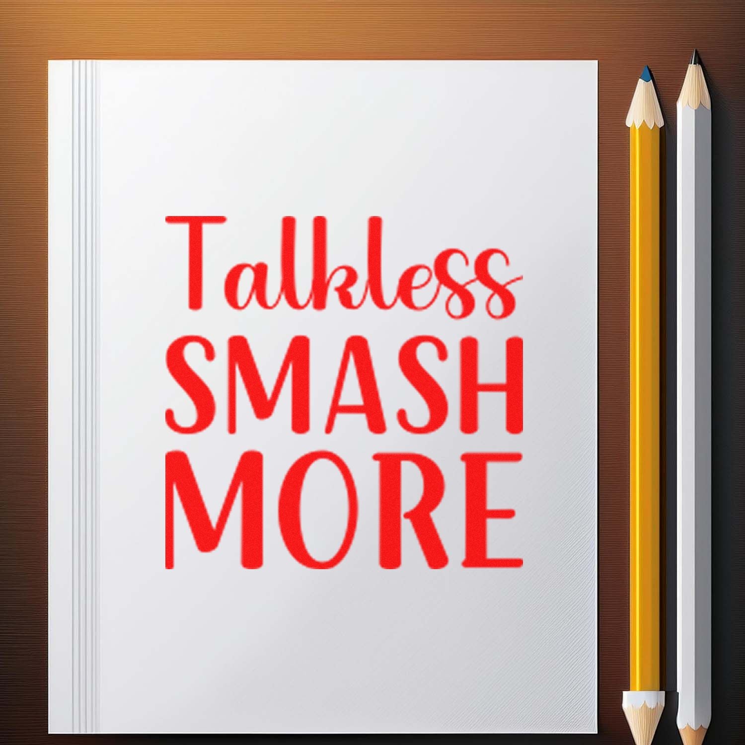 Red custom stamp and seal reading Talkless SMASH MORE on a white notebook, beside yellow and white pencils.