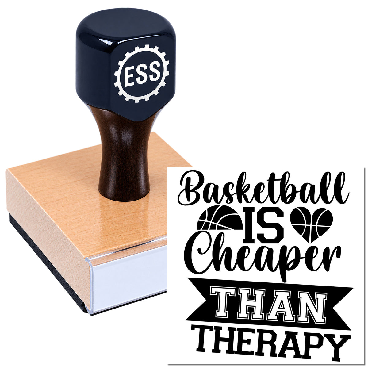 Black ESS self-inking stamp on a pink seal block with "Basketball is cheaper than therapy" design in black and white.