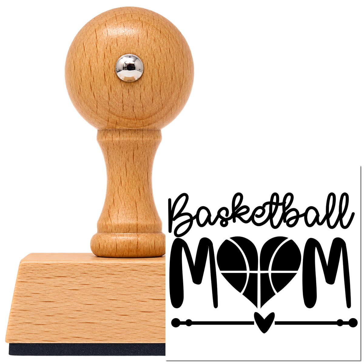 Vintage Pro beech wood stamp with a round knob handle, shown with its black Basketball Mom Heart Letter imprint on white.